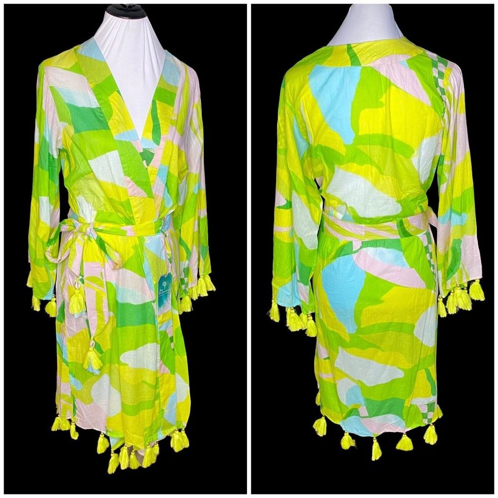 True Destinations Kimono Robe Medium Retro 70s Green Yellow Tassel Lounge Swim